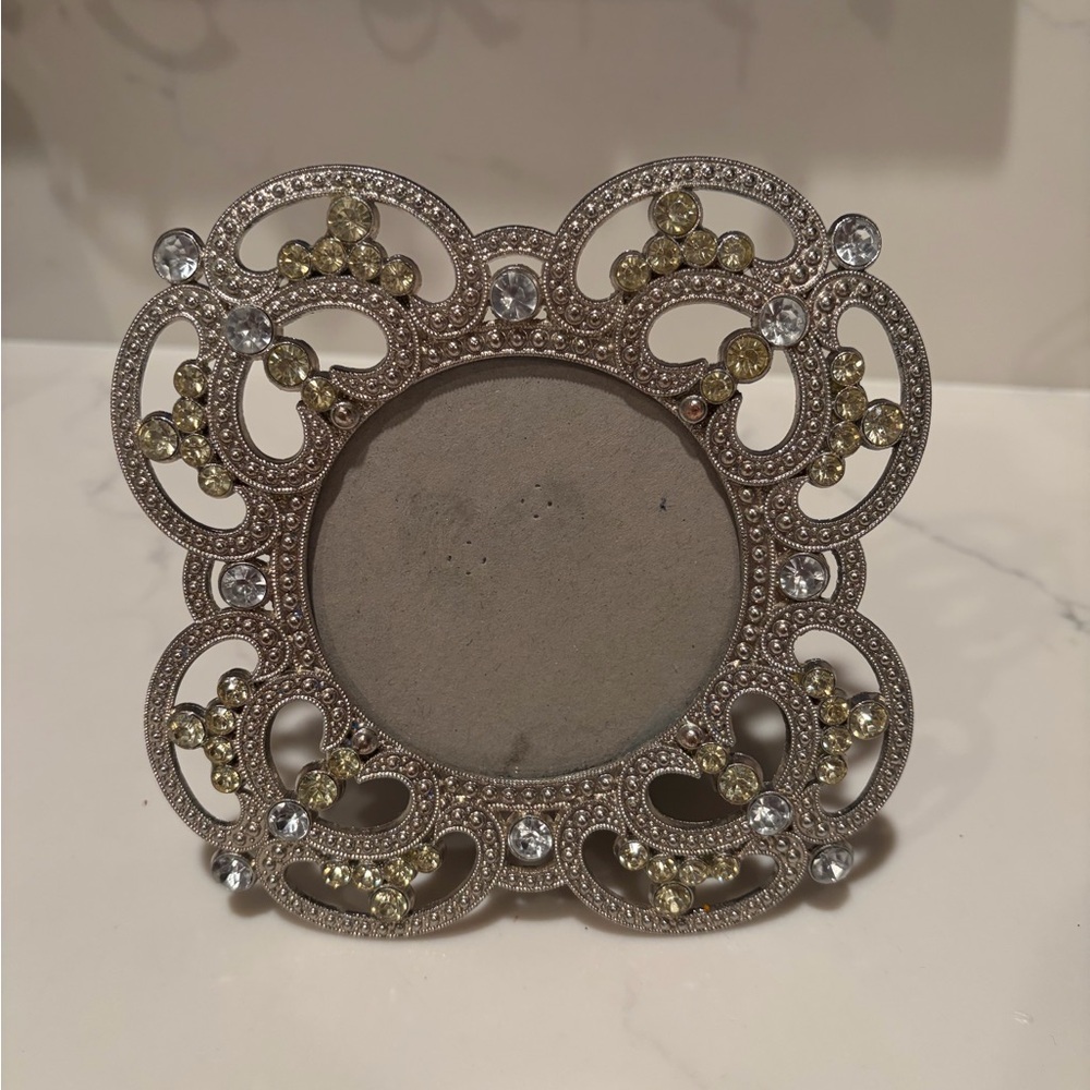 Ornate Silver Picture Frame with Pale Yellow Crystal Accents